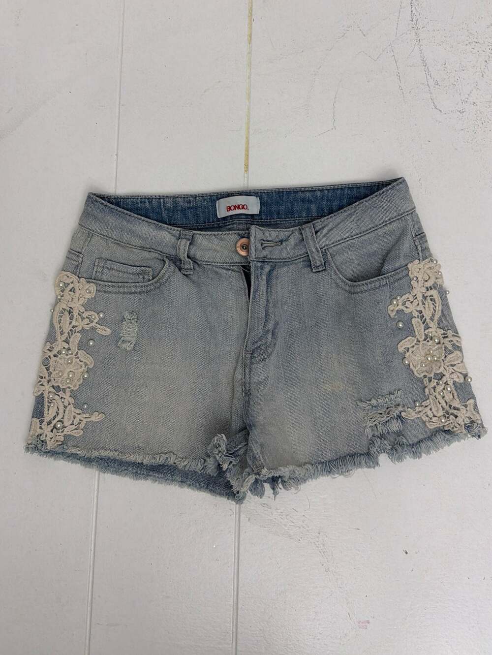 Bongo Light Wash Distressed Denim Cut Off Shorts with Lace and Pearls Size 5